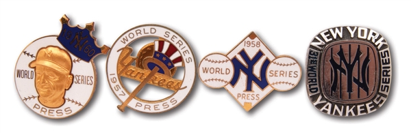 1957, 1958, 1960 AND 1977 NEW YORK YANKEES WORLD SERIES PRESS PINS LOT OF (4)