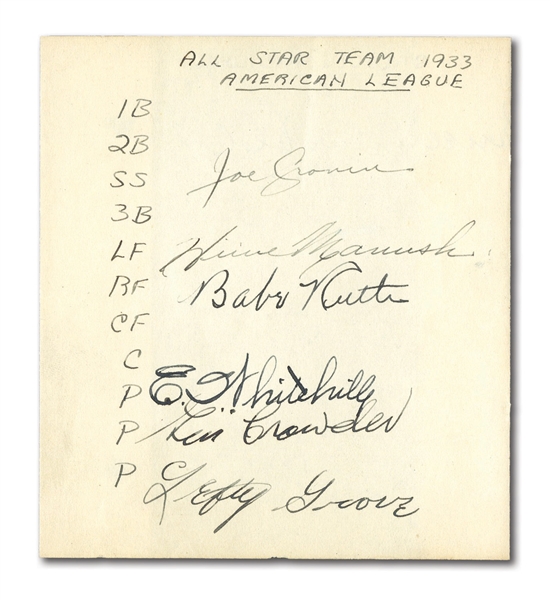 1933 INAUGURAL AMERICAN LEAGUE ALL-STARS PARTIAL TEAM SIGNED ROSTER SHEET FEATURING BABE RUTH