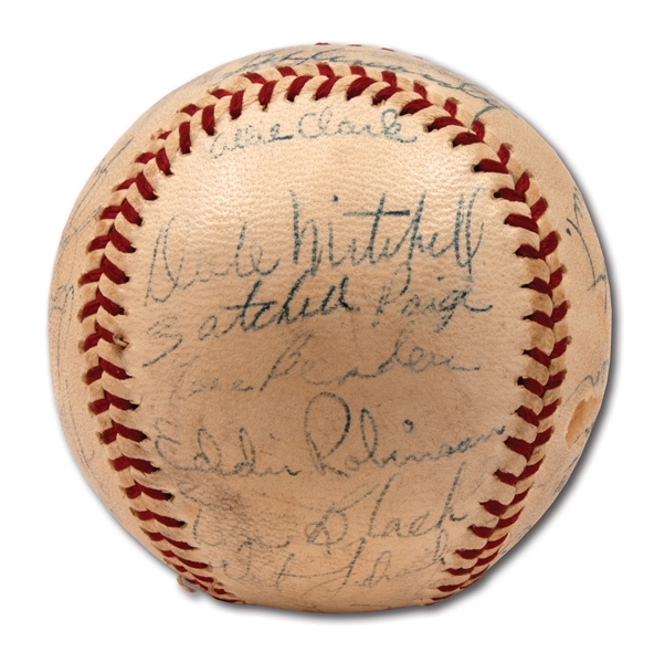 1948 CLEVELAND INDIANS WORLD CHAMPIONS TEAM SIGNED OAL (HARRIDGE) BASEBALL WITH 6 HOFERS INCL. PAIGE & FELLER