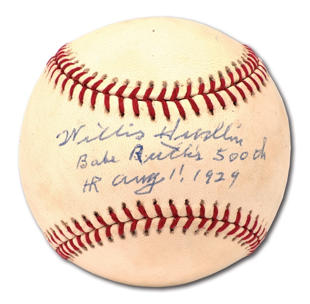 WILLIS HUDLIN SINGLE SIGNED & INSCRIBED BASEBALL ("BABE RUTHS 500TH HR AUG 11, 1929") AND SELF-DEPRECATING HANDWRITTEN NOTE