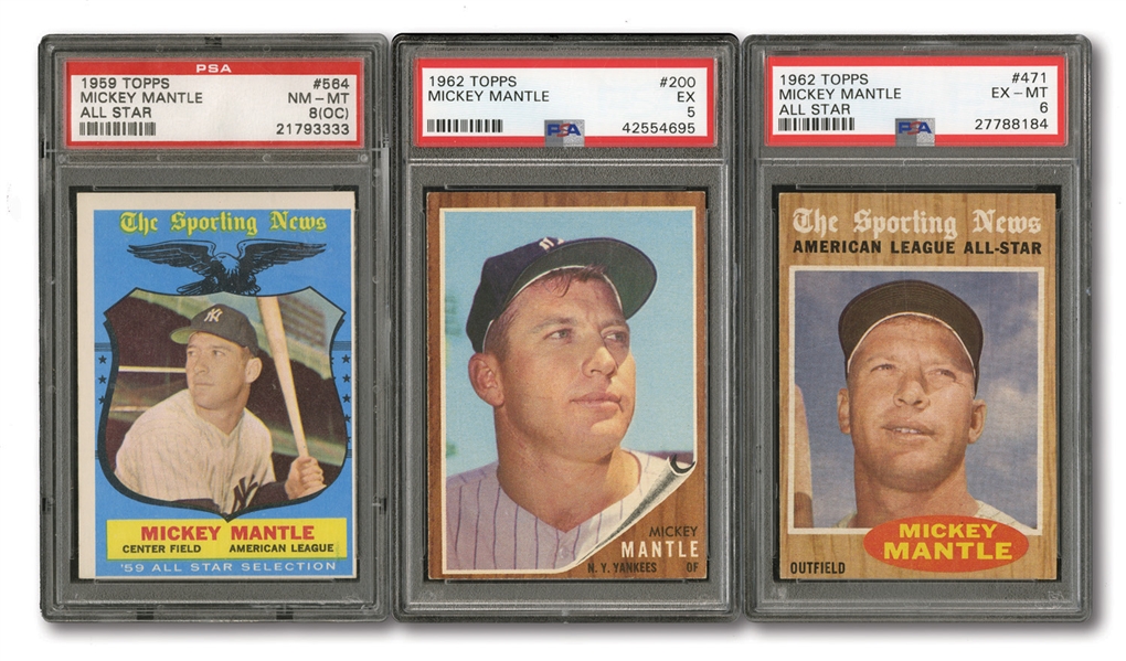 MICKEY MANTLE 1962 TOPPS #200 (PSA EX 5), 1962 TOPPS #471 ALL-STAR (PSA EX-MT 6), AND 1959 TOPPS #564 (PSA NM-MT 8/OC)