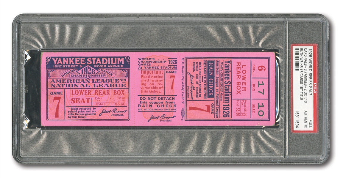 1926 WORLD SERIES (CARDINALS AT YANKEES) GAME 7 FULL TICKET - PSA AUTHENTIC