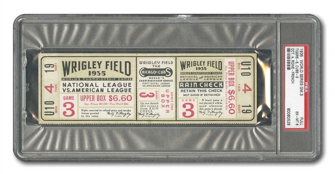 1935 WORLD SERIES (TIGERS AT CUBS) GAME 3 FULL TICKET - PSA EX-MT 6 (NONE HIGHER)