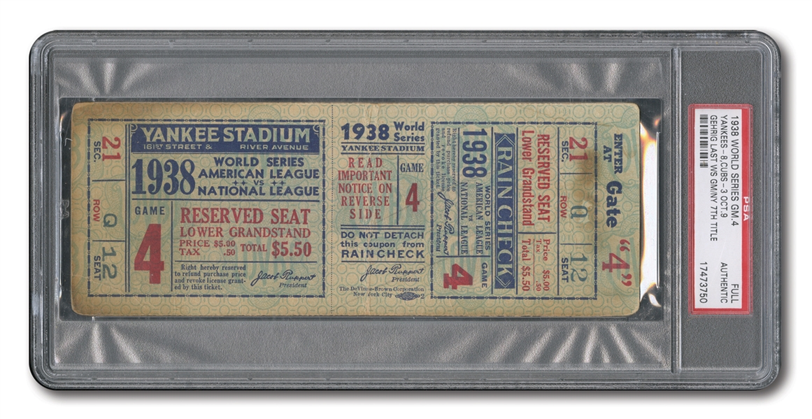 1938 WORLD SERIES (YANKEES VS. CUBS) GAME 4 FULL TICKET - GEHRIGS LAST W.S. APPEARANCE (PSA AUTHENTIC)
