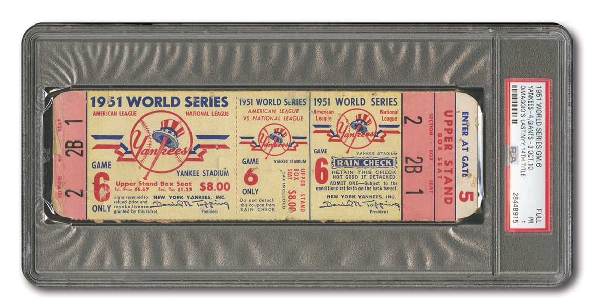 1951 WORLD SERIES (YANKEES VS. GIANTS) GAME 6 FULL TICKET (YANKS CLINCH, DiMAGGIOS LAST CAREER GAME) - PSA PR 1 (ONLY ONE HIGHER)