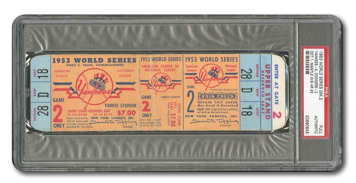 1953 WORLD SERIES (YANKEES VS. DODGERS) GAME 2 FULL TICKET - PSA AUTHENTIC