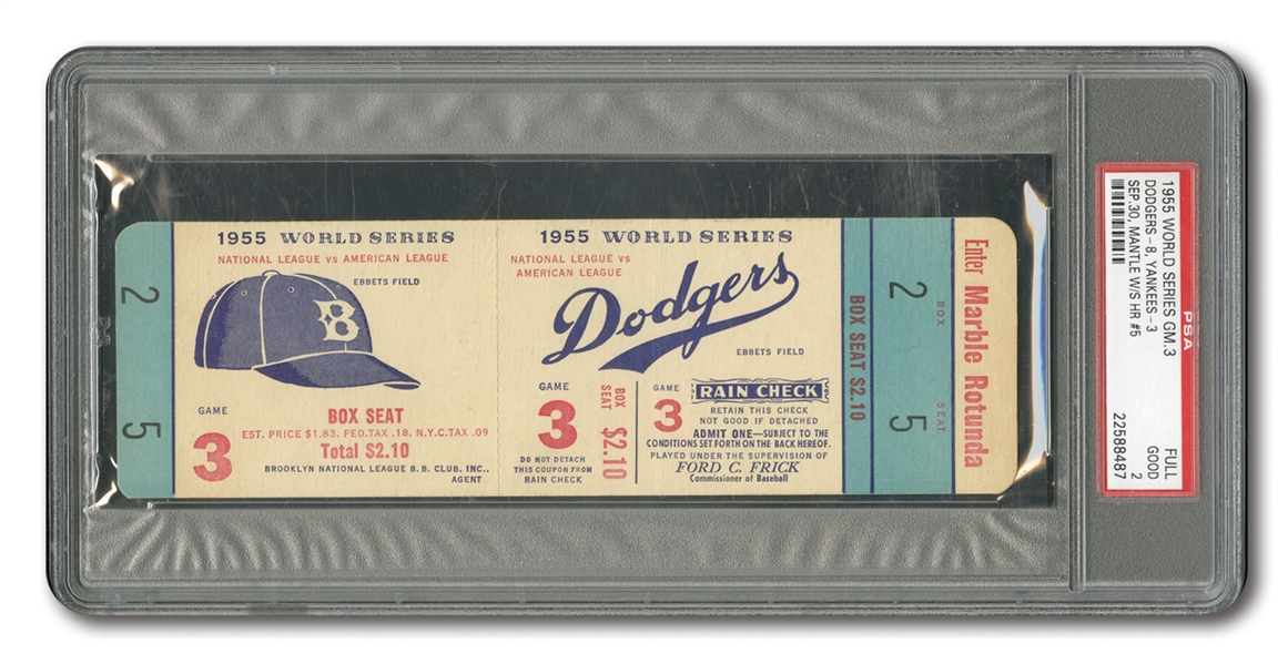 1955 WORLD SERIES (DODGERS VS. YANKEES) GAME 3 FULL TICKET (MANTLES 5TH W.S. HR) - PSA GD 2