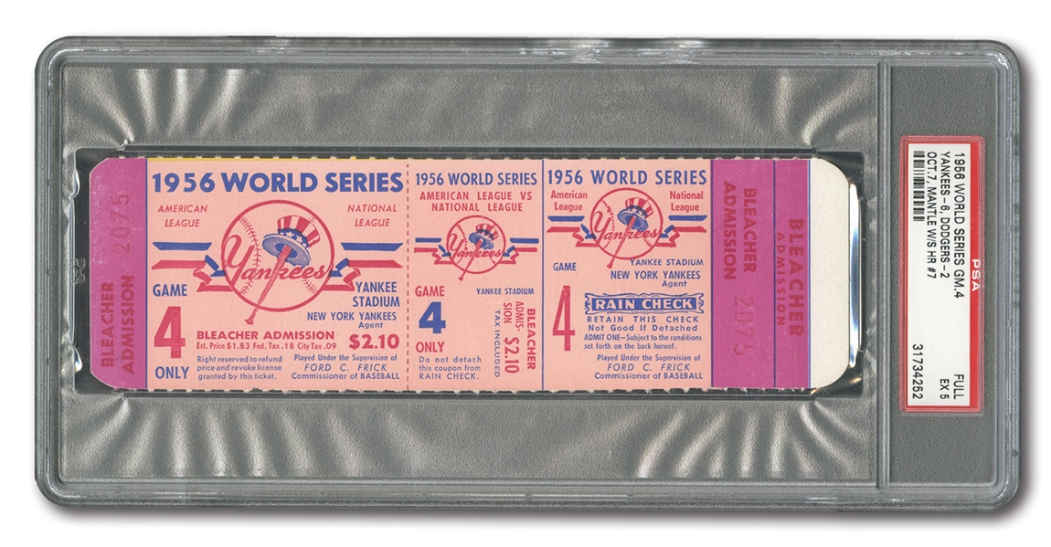 1956 WORLD SERIES (YANKEES VS. DODGERS) GAME 4 FULL TICKET - PSA EX 5