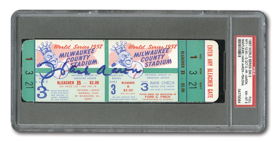 1957 WORLD SERIES (BRAVES VS. YANKEES) GAME 3 FULL TICKET SIGNED BY HANK AARON - PSA NM-MT 8 (TICKET); PSA/DNA AUTHENTIC (AUTO.)