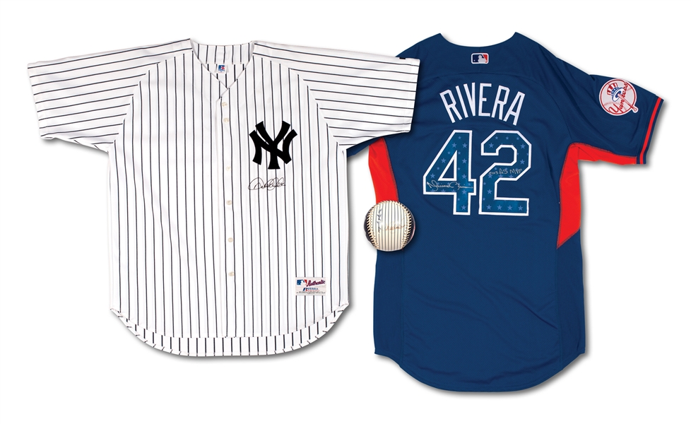 DEREK JETER SIGNED YANKEES JERSEY, MARIANO RIVERA SIGNED & INSCRIBED 2013 ASG JERSEY, AND JETER/POSADA SIGNED BASEBALL