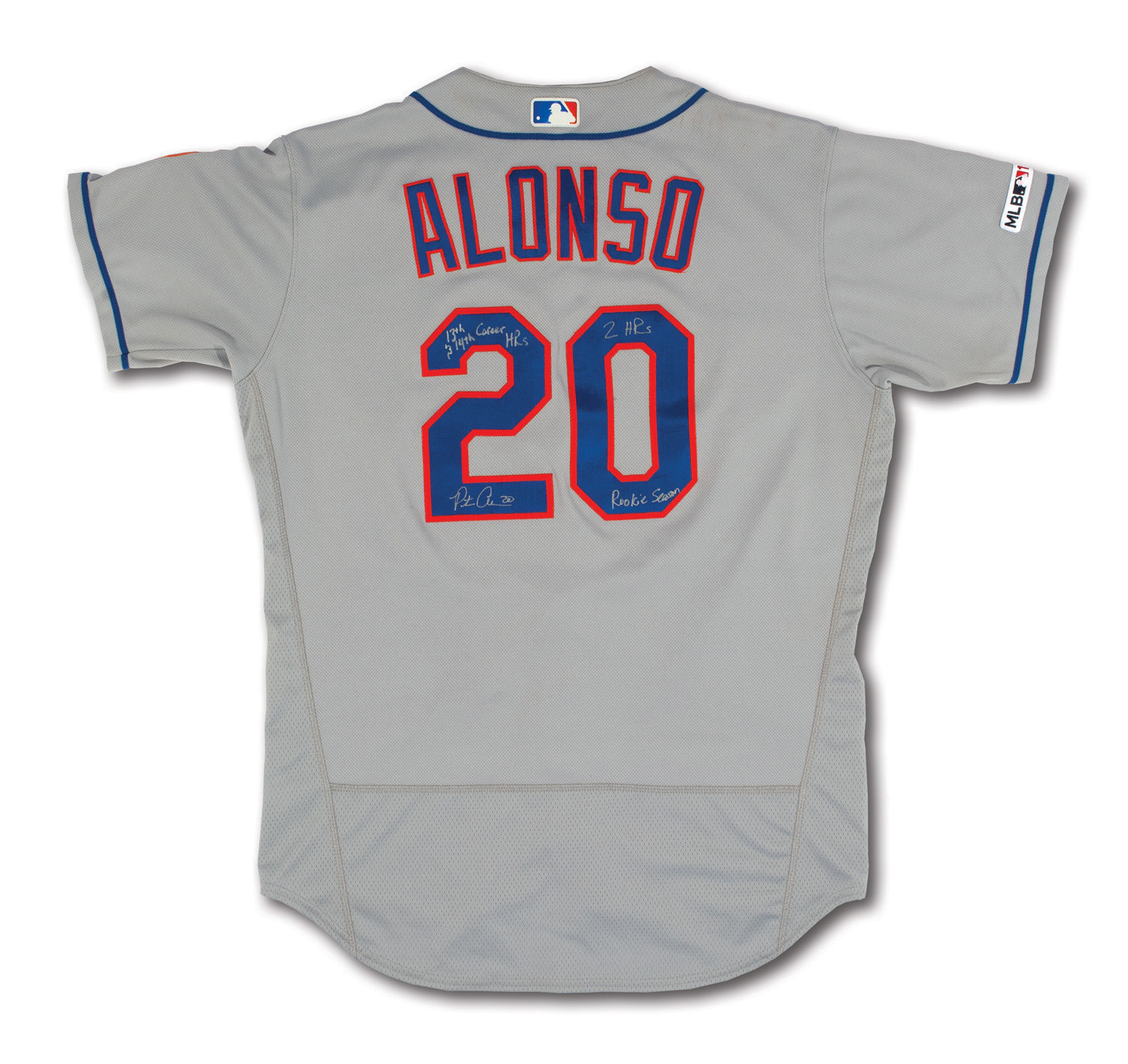 Lot Detail - 5/17/2019 PETE ALONSO SIGNED & INSCRIBED NEW YORK METS 2-HOMER  GAME WORN ROAD JERSEY - NL ROY & ROOKIE RECORD 53-HR SEASON! (MLB AUTH.)