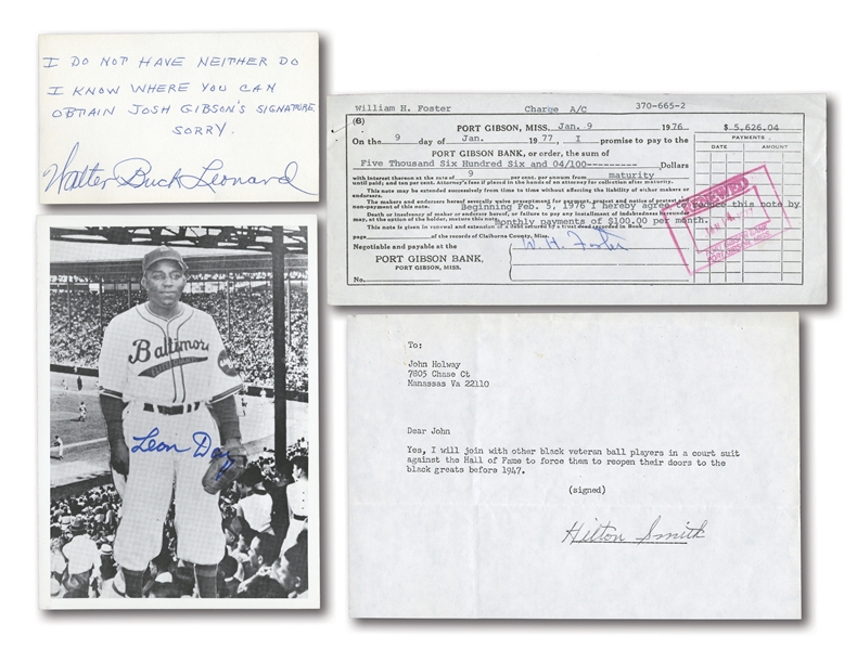 NEGRO LEAGUE LEGENDS AUTOGRAPHED ITEMS INCL. HILTON SMITH, WILLIAM FOSTER, BUCK LEONARD AND LEON DAY