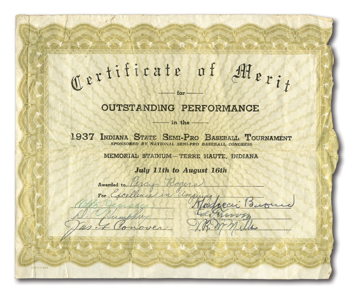 1937 MORDECAI "THREE FINGER" BROWN SIGNED CERTIFICATE
