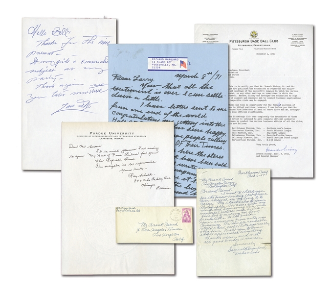 HALL OF FAME HANDWRITTEN AND SIGNED LETTER COLLECTION OF (5) INCL. CRAWFORD, WHEAT, SCHALK, MARQUARD AND RICKEY