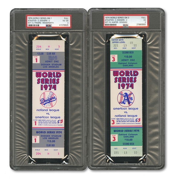 1974 WORLD SERIES (AS/DODGERS) PAIR OF FULL TICKETS - GAME 1 @ LA (PSA VG-EX 4) AND GAME 3 @ OAK (PSA VG 3)