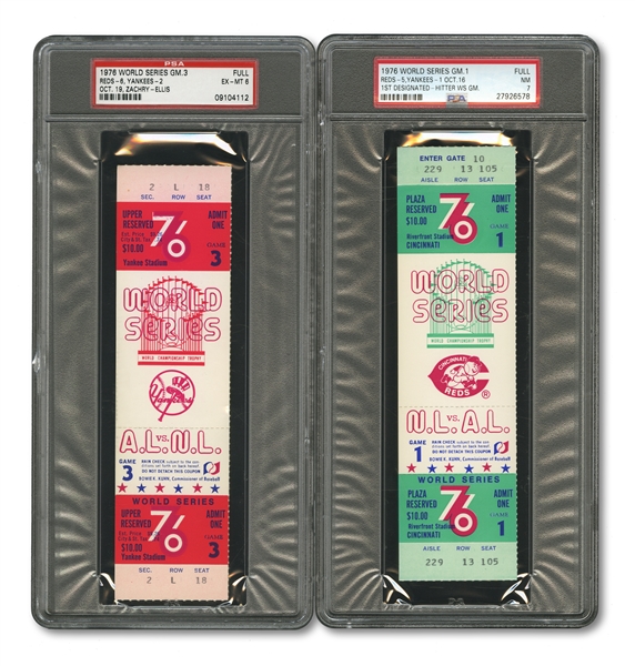 1976 WORLD SERIES (REDS/YANKEES) PAIR OF FULL TICKETS - GAME 1 @ CIN (PSA NM 7) AND GAME 3 @ NY (PSA EX-MT 6)