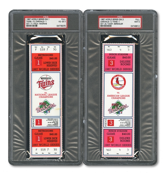 1987 WORLD SERIES (TWINS/CARDINALS) PAIR OF FULL TICKETS - GAME 1 @ MIN (PSA VG-EX 4) AND GAME 3 @ STL (PSA MINT 9)