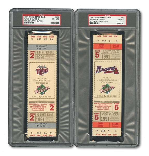 1991 WORLD SERIES (TWINS/BRAVES) PAIR OF FULL TICKETS - GAME 2 @ MIN & GAME 5 @ ATL (BOTH PSA NM-MT 8)