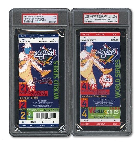 1999 WORLD SERIES (YANKEES/BRAVES) PAIR OF FULL TICKETS - GAME 2 @ BRAVES (PSA VG-EX 4) AND GAME 4 @ YANKEES (PSA NM-MT 8)