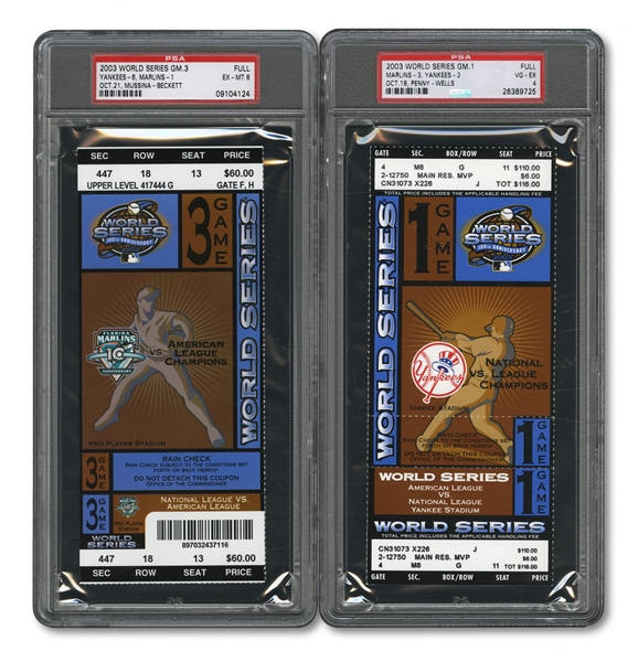 2003 WORLD SERIES (MARLINS/YANKEES) PAIR OF FULL TICKETS - GAME 1 @ NY (PSA VG-EX 4) AND GAME 3 @ MIA (PSA EX-MT 6)