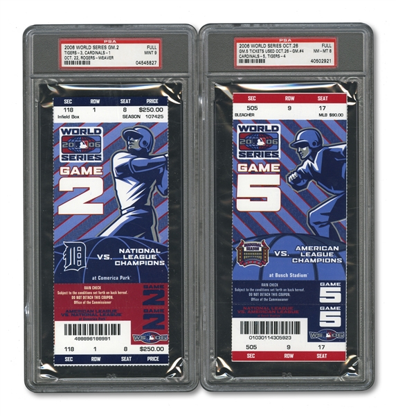 2006 WORLD SERIES (CARDINALS/TIGERS) PAIR OF FULL TICKETS - GAME 2 @ DET (PSA MINT 9) AND GAME 5 TICKET USED FOR GAME 4 @ STL (RAIN DELAY)(PSA NM-MT 8)