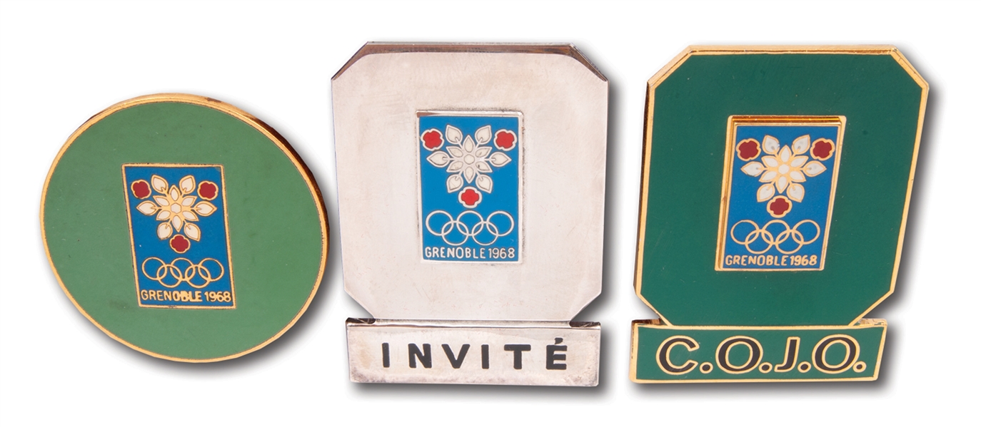 LOT OF (3) 1968 GRENOBLE WINTER OLYMPICS BADGES: GUEST (SILVER CHROME), ORGANIZING COMMITTEE, AND PUBLIC SERVICE