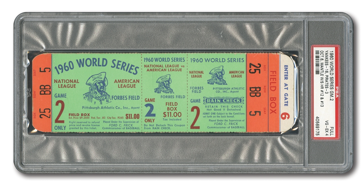 1960 WORLD SERIES (PIRATES VS. YANKEES) GAME 2 FULL TICKET (MANTLES 12TH & 13TH W.S. HRS) - PSA VG-EX 4