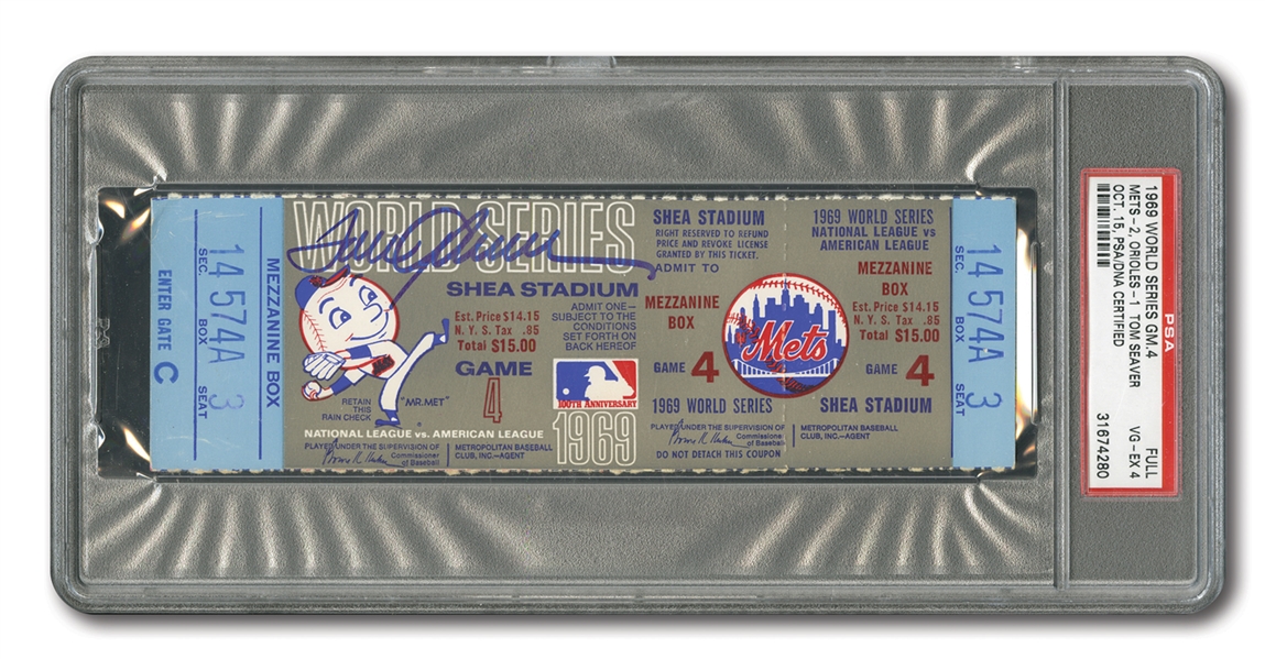 1969 WORLD SERIES (METS VS. ORIOLES) GAME 4 FULL TICKET SIGNED BY WINNING PITCHER TOM SEAVER - PSA VG-EX 4 / PSA/DNA AUTH.