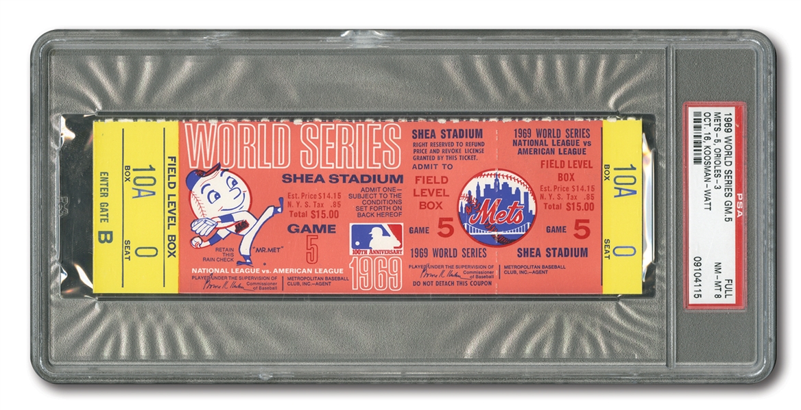 1969 WORLD SERIES (METS VS. ORIOLES) GAME 5 FULL TICKET ("MIRACLE" METS CLINCH 1ST W.S. TITLE) - PSA NM-MT 8