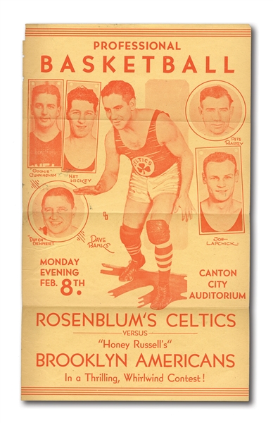 FEB. 8, 1932 "ROSENBLUMS CELTICS VS. HONEY RUSSELLS BROOKLYN AMERICANS" PROFESSIONAL BASKETBALL HANDBILL/POSTER (RARE)