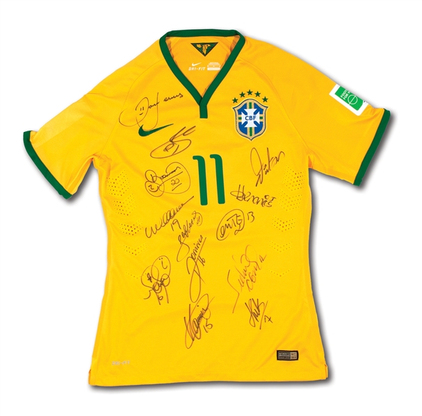2014 BRAZIL NATIONAL TEAM SIGNED OSCAR FIFA WORLD CUP MATCH WORN #11 JERSEY (LOA FROM BRAZIL KITMANS SON)