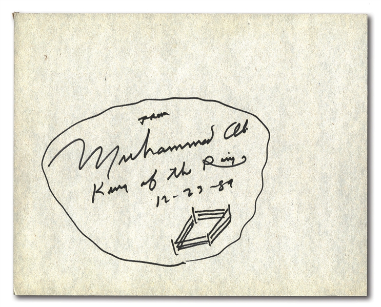 MUHAMMAD ALI SIGNED & DATED 8.75" BY 11" CARDBOARD STOCK INSCRIBED "KING OF THE RING" WITH ORIGINAL ALI SKETCH