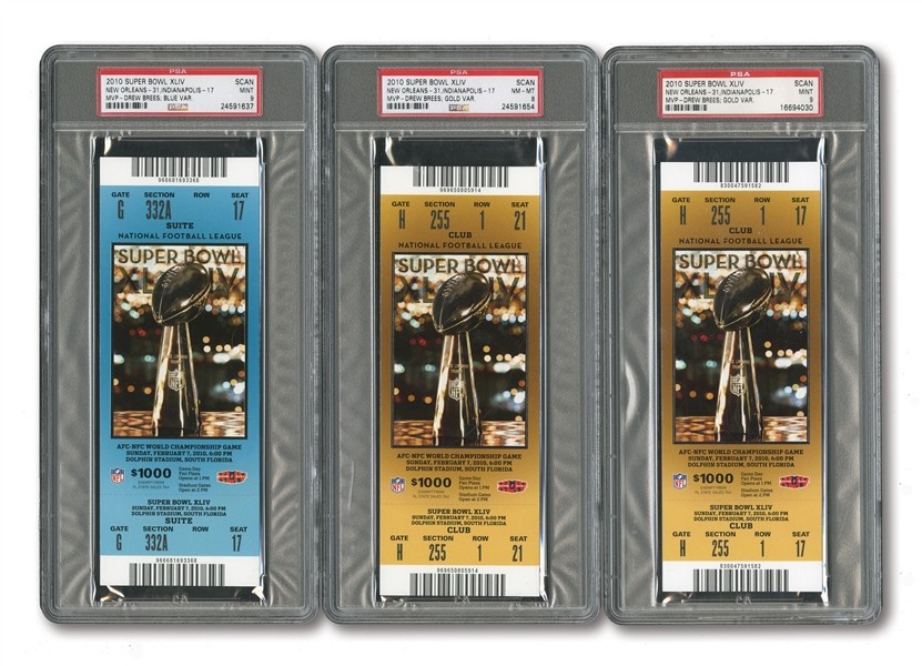 LOT OF (6) 2010 SUPER BOWL XLIV (SAINTS 31 - COLTS 17) FULL UNUSED TICKETS IN GOLD, RED & BLUE VARIATIONS - ALL PSA MINT 9 EXCEPT ONE