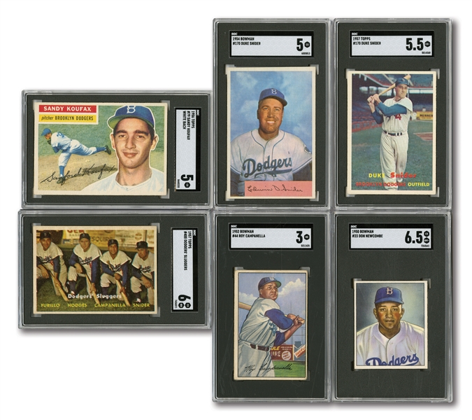 DODGERS CARD LOT OF (6) 1950-57 TOPPS & BOWMAN SGC GRADED CARDS INCL. KOUFAX, CAMPANELLA, SNIDER & NEWCOMBE (RC)