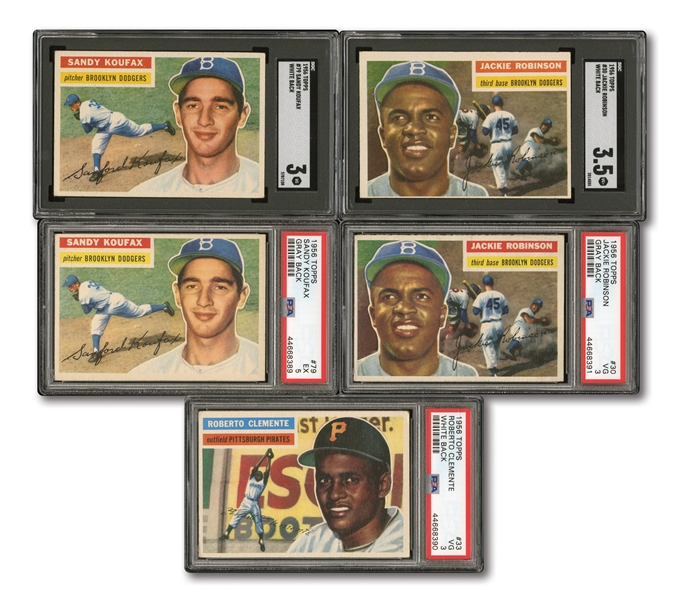 1956 TOPPS LOT OF (5) INCL. #33 CLEMENTE, #30 J.ROBINSON (2), #79 KOUFAX (2) - ALL PSA OR SGC GRADED