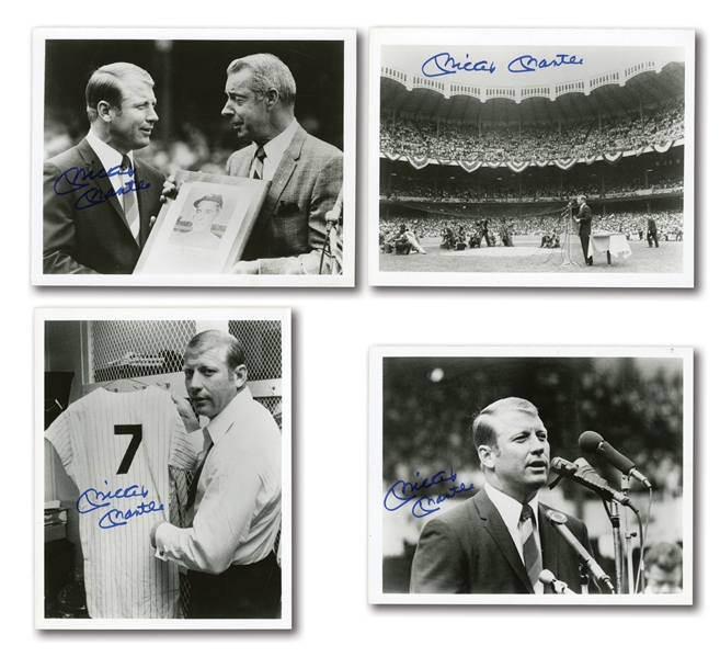 MICKEY MANTLE LOT OF (4) SIGNED 8x10 BLACK & WHITE PHOTOS FROM HIS JERSEY RETIREMENT CEREMONY
