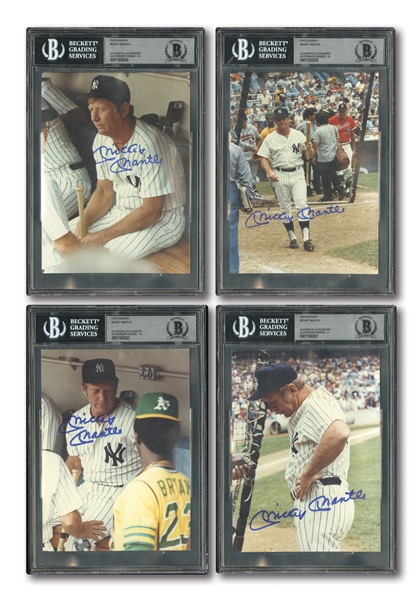 MICKEY MANTLE LOT OF (4) AUTOGRAPHED 5x7 OLD TIMERS DAY PHOTOS - BECKETT MINT 9 (1) AND GEM MINT 10 (3)