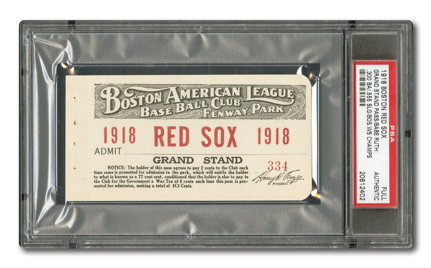Lot Detail - 1918 BOSTON RED SOX (WORLD SERIES CHAMPIONS) SEASON GRANDSTAND  PASS - RUTH'S 3RD TITLE, TEAM'S LAST UNTIL 2004