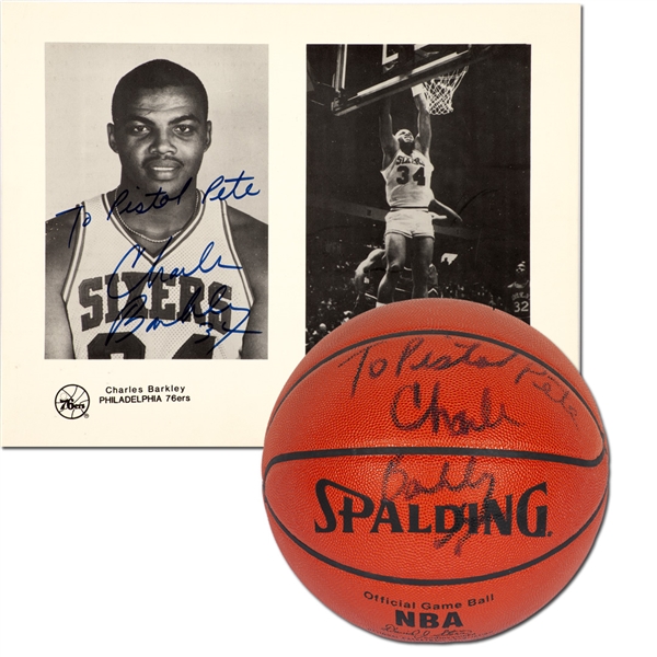 CHARLES BARKLEY SIGNED OFFICIAL NBA BASKETBALL AND 76ERS PLAYER PHOTO BOTH INSCRIBED "TO PISTOL PETE"