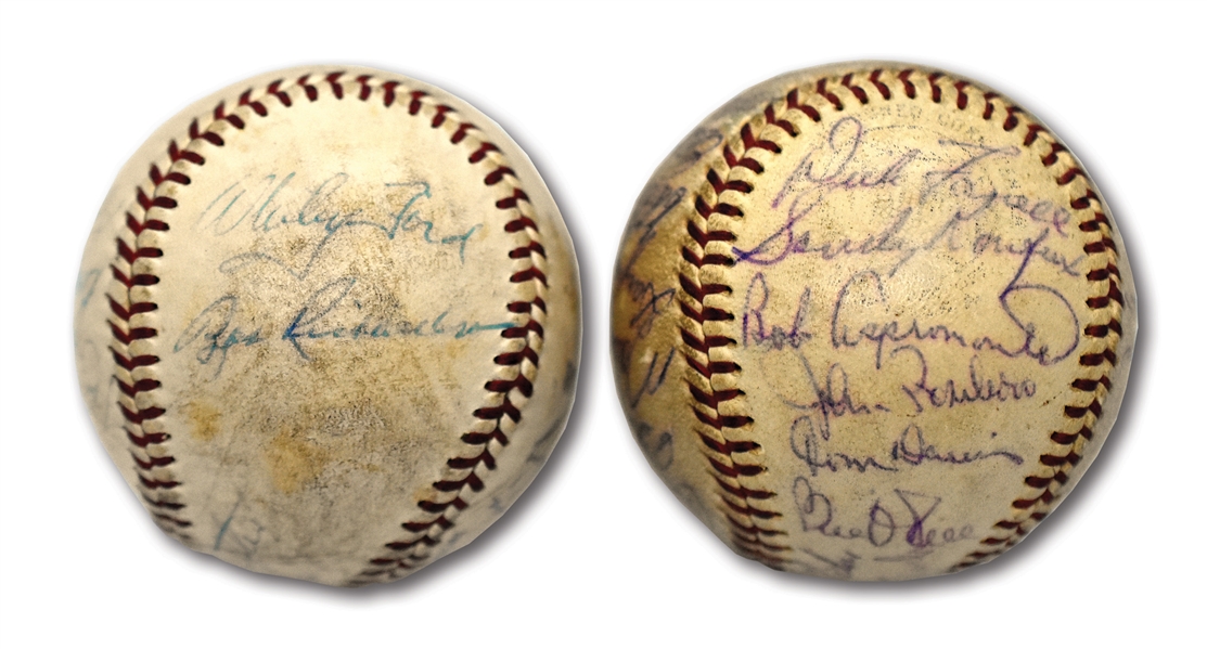 MAY 7, 1959 "ROY CAMPANELLA NIGHT" GAME BALL SIGNED BY (14) N.Y. YANKEES PLUS 1961 L.A. DODGERS TEAM SIGNED BASEBALL W/ 28 AUTOS.