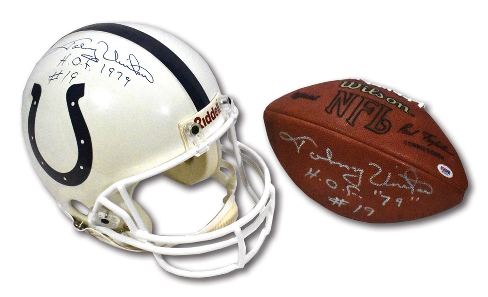 JOHNNY UNITAS SIGNED COLTS FULL-SIZE PRO LINE RIDDELL HELMET AND OFFICIAL NFL FOOTBALL - BOTH INSCRIBED "H.O.F. 1979 #19"