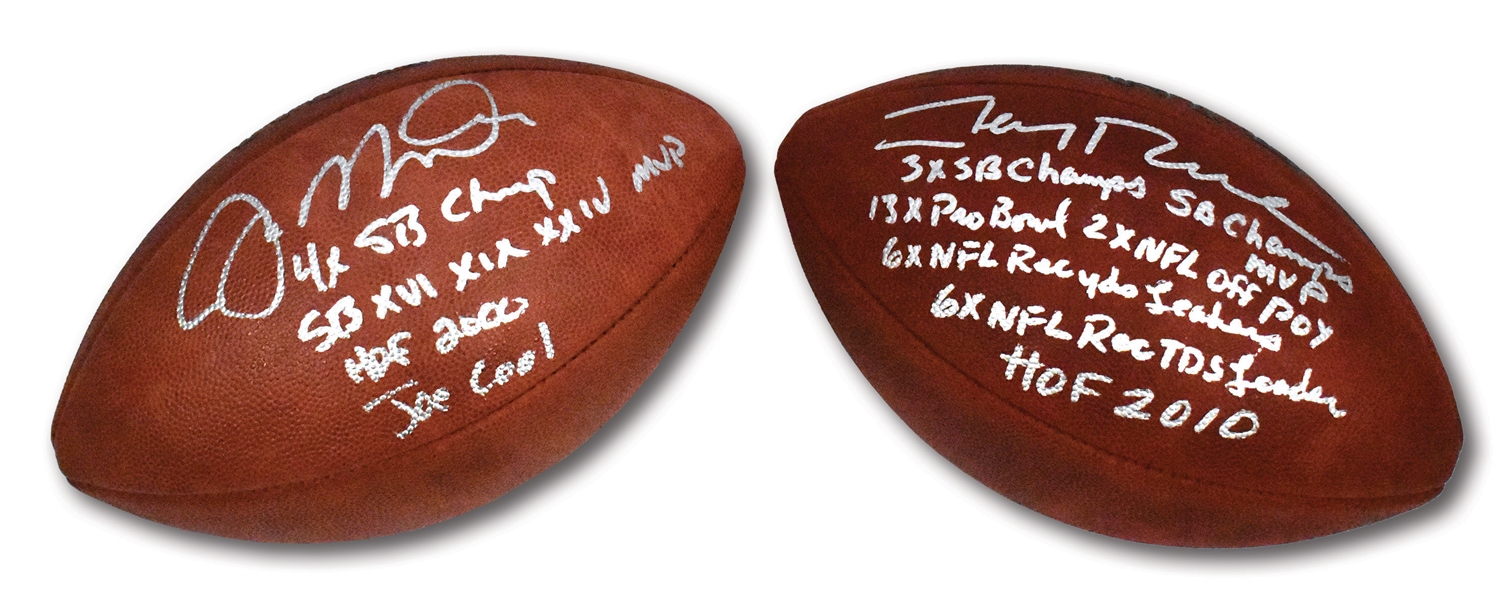 49ERS LEGENDS PAIR OF JOE MONTANA AND JERRY RICE SINGLE SIGNED OFFICIAL NFL FOOTBALLS WITH 11 COMBINED STATS INSCRIPTIONS
