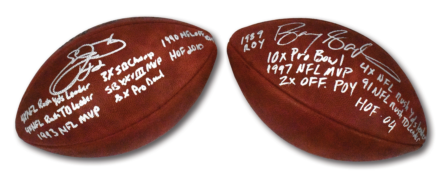 BARRY SANDERS AND EMMITT SMITH PAIR OF SINGLE SIGNED OFFICIAL NFL (TAGLIABUE) FOOTBALLS WITH 15 COMBINED STATS INSCRIPTIONS