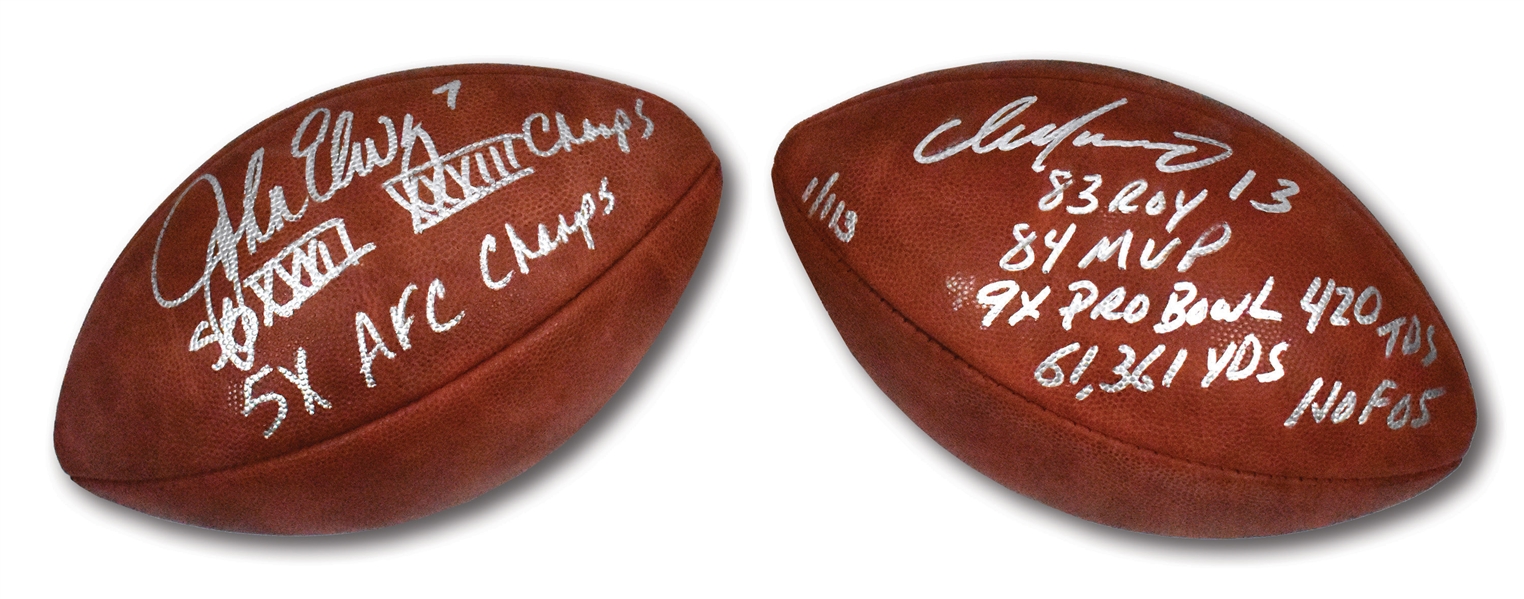 JOHN ELWAY AND DAN MARINO PAIR OF SINGLE SIGNED & STATS INSCRIBED OFFICIAL NFL FOOTBALLS (STEINER COA, FANATICS AUTH.)