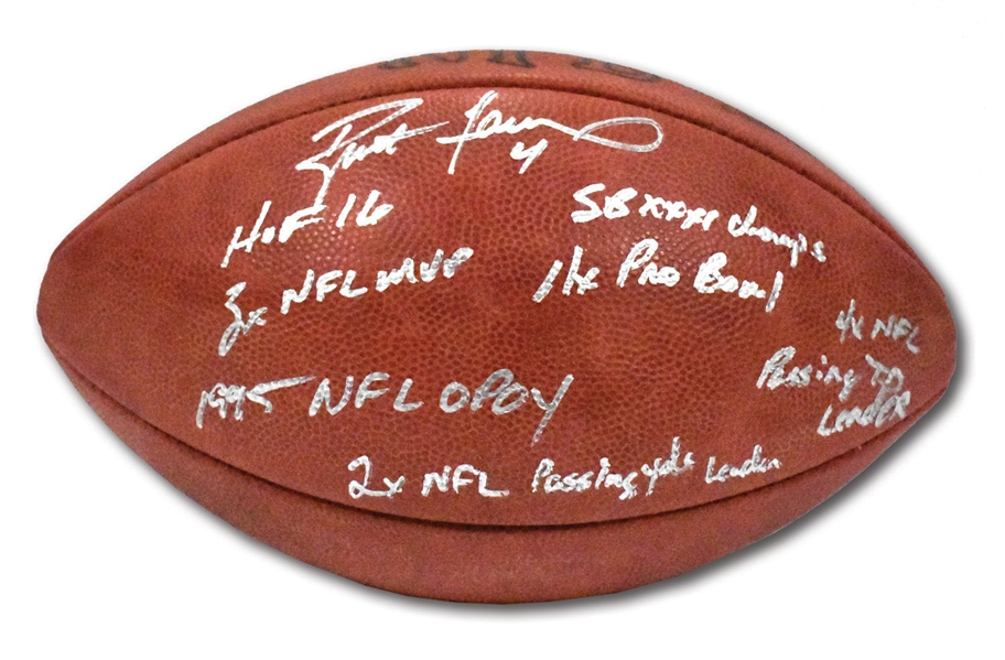 BRETT FAVRE BOLDLY AUTOGRAPHED OFFICIAL NFL (TAGLIABUE) FOOTBALL WITH SEVEN STATS INSCRIPTIONS