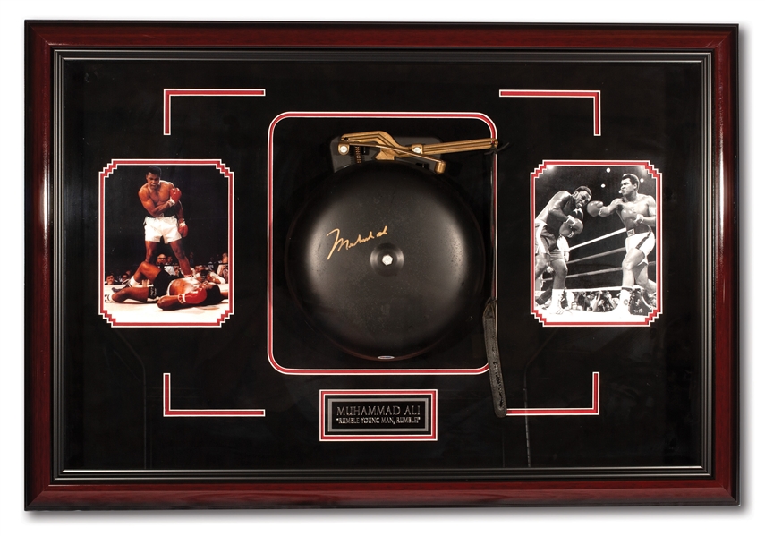 MUHAMMAD ALI AUTOGRAPHED FULL-SIZE BOXING RING BELL IN DELUXE SHADOWBOX DISPLAY