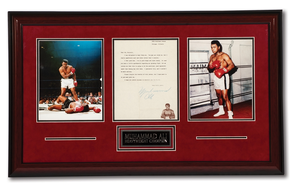 C. 1974 MUHAMMAD ALI SIGNED TYPED LETTER TO FAN BEFORE "RUMBLE IN THE JUNGLE" (VS. FOREMAN) IN DECORATIVE DISPLAY