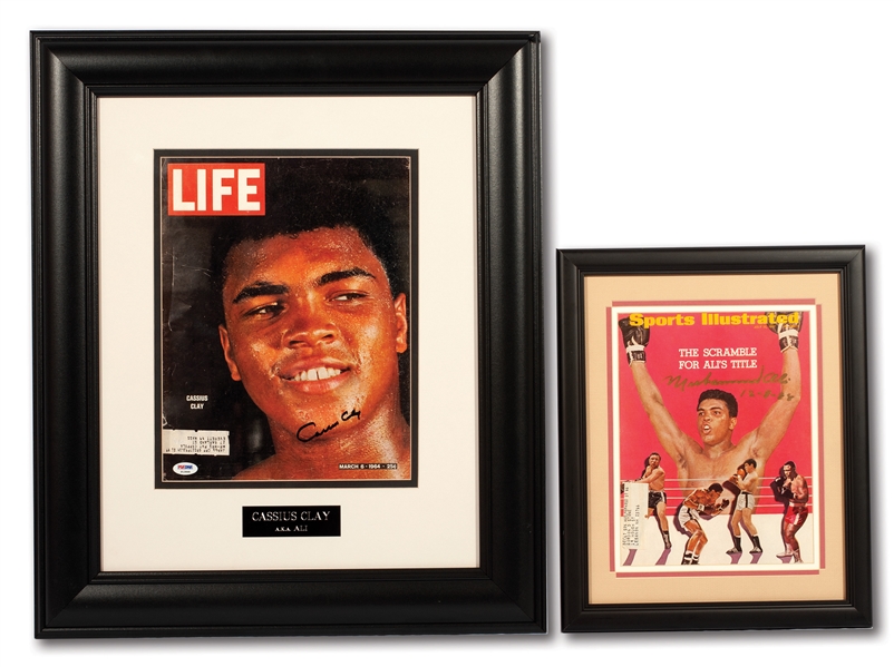CASSIUS CLAY SIGNED 3/6/1964 LIFE MAGAZINE AND MUHAMMAD ALI SIGNED 7/10/1967 SPORTS ILLUSTRATED (BOTH FRAMED)