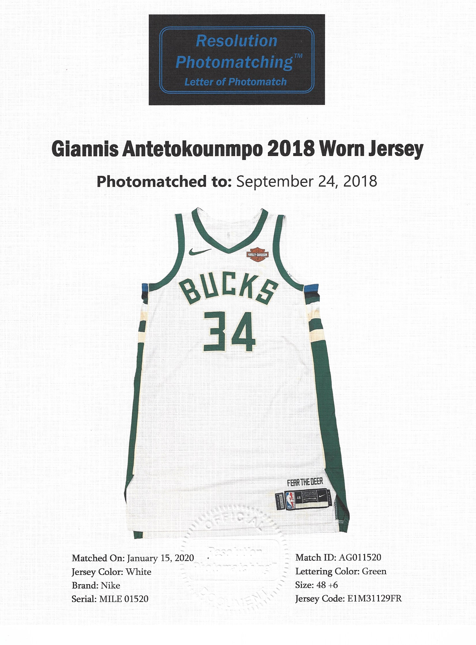 Giannis Antetokounmpo 2019 Milwaukee Bucks Game Worn & Signed