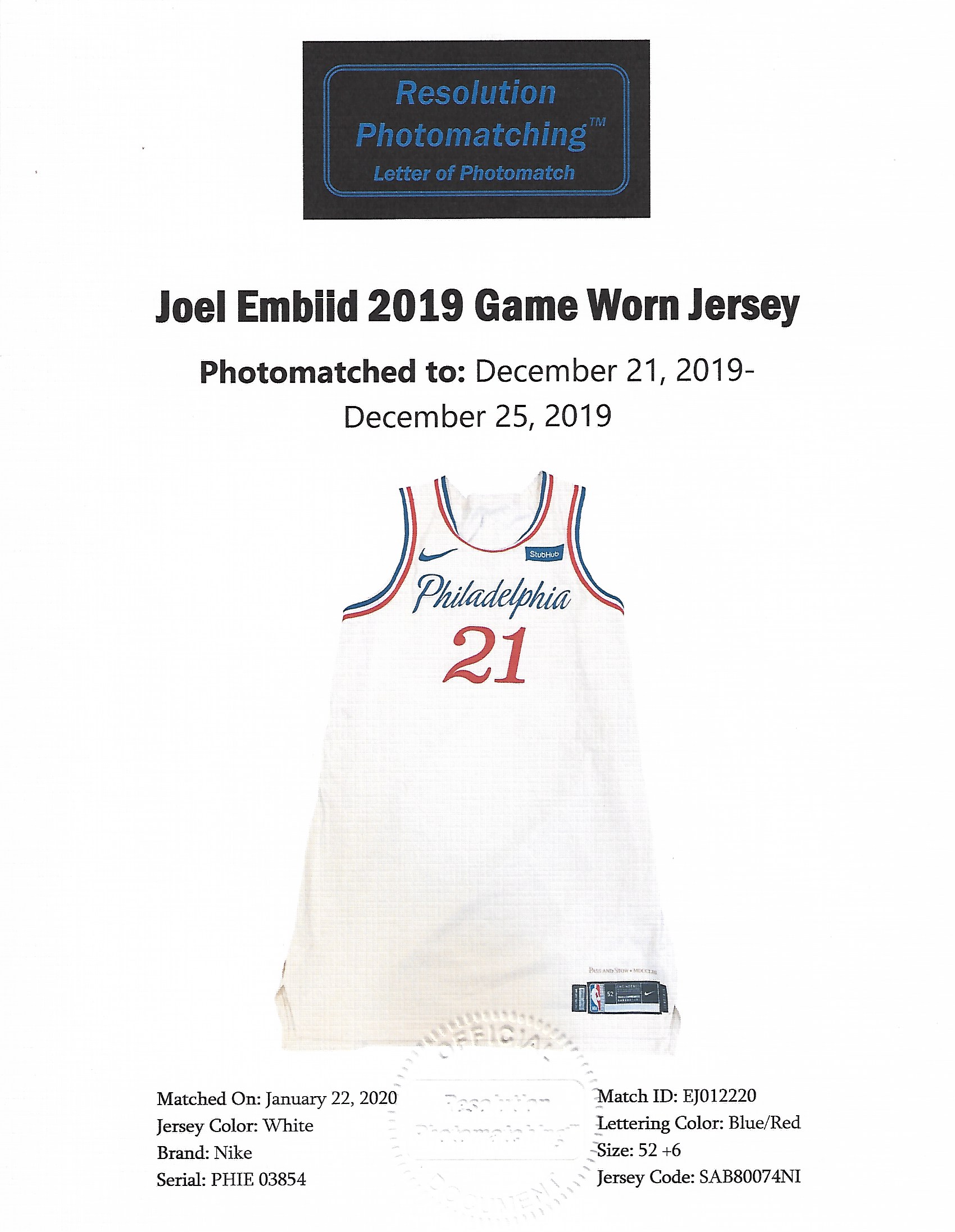 Joel Embiid 2020 Philadelphia 76ers Pre-Game Worn Jersey Honoring